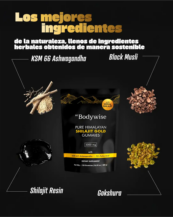 gomitas de shilajit - Ingredientes naturales como Ashwagandha, Musli y Shilajit para bienestar.