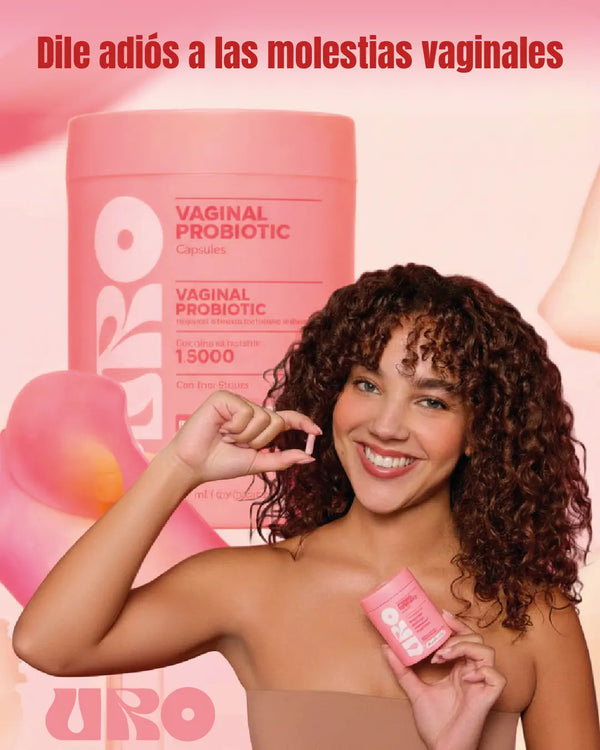 Probióticos Vaginales para Mujeres, mujer feliz mostrando cápsulas probióticas para el cuidado vaginal.