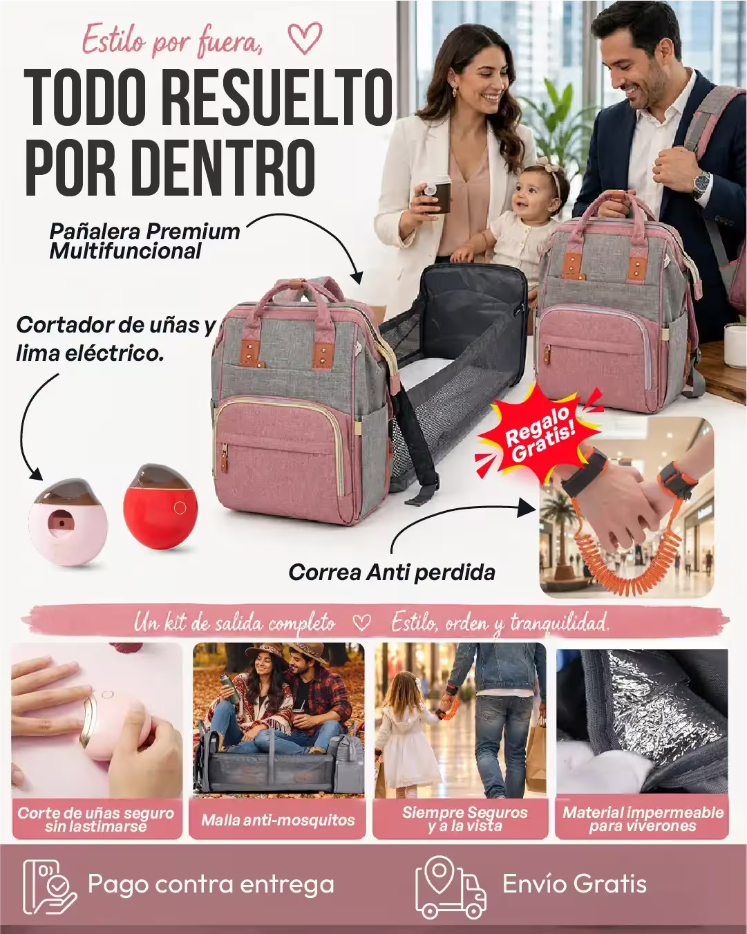 Combo Pañalera + Cortauña eléctrico + Correa anti perdida
