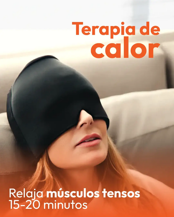 Gorro antimigraña terapia fría calor en uso, relajando músculos tensos con terapia de calor por 15-20 minutos.
