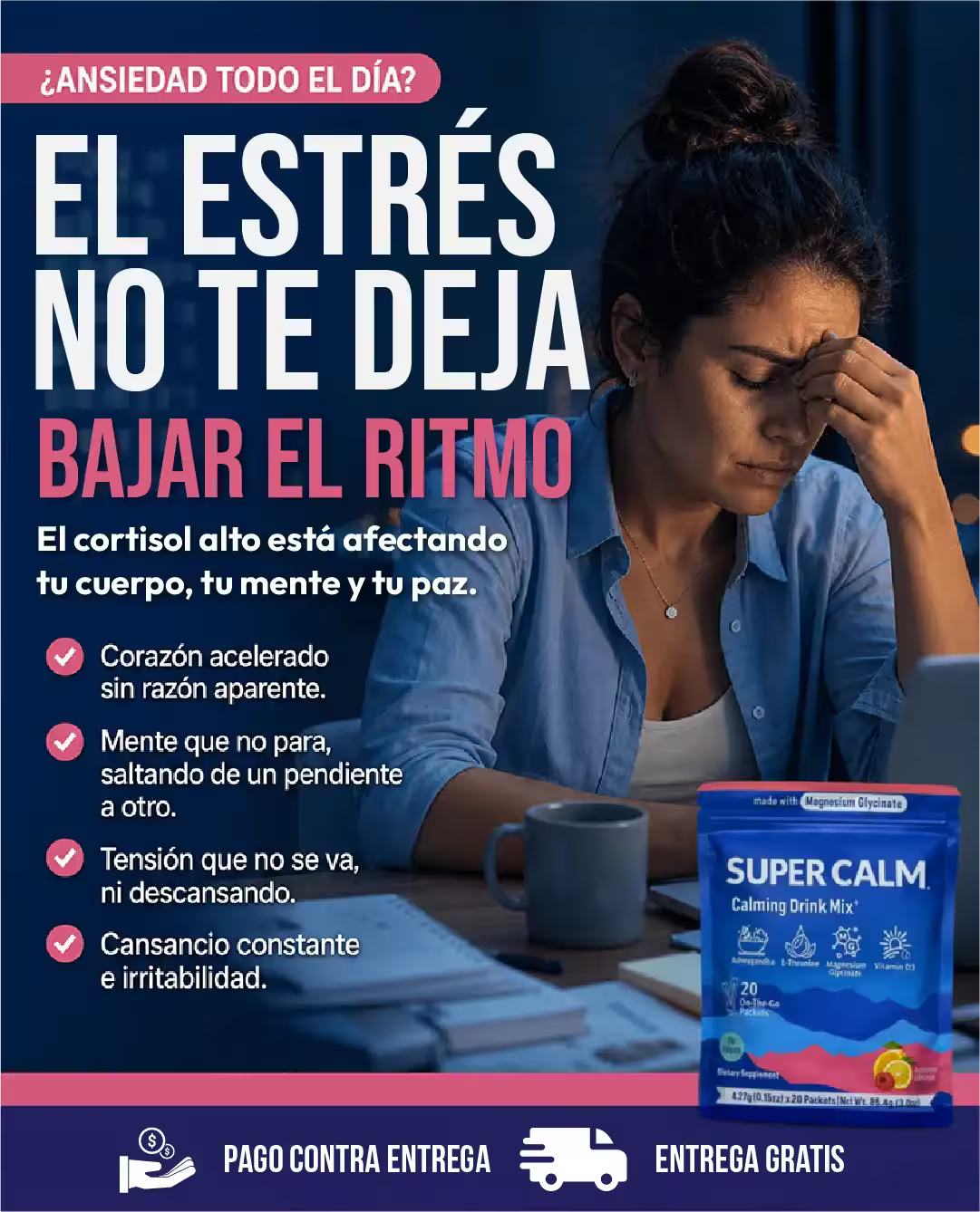 Mujer estresada con producto Super calm + Termo Deportivo en la mesa, buscando calma y equilibrio en su vida.
